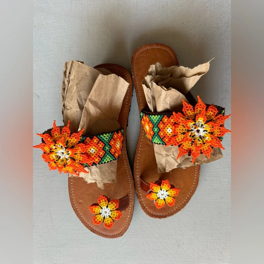 NEW Handmade Beaded leather Huichol sandals
